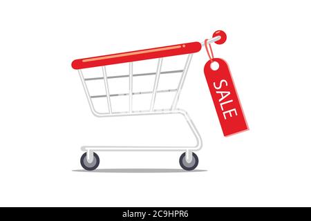 Warenkorb mit hängendem Verkaufsetikett isoliert auf weißem Hintergrund. Stock Vektor