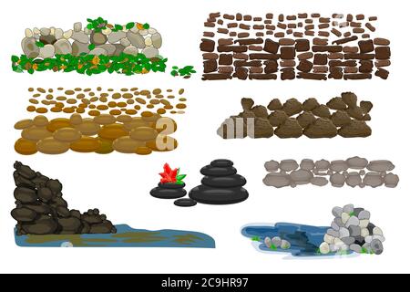 Rock Stone Cartoon-Set isoliert auf weißem Hintergrund. Verschiedene Stapel von Textur Boulder, Gras und Wasser.Rocky natürliche Landschaft mit Steinen.Stock Vektor Stock Vektor