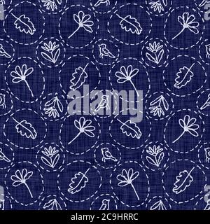 Indigo blau Blätter Block drucken Damast gefärbt Textur Hintergrund. Nahtlos gewebte japanische wiederholen Batik Muster swatch. Laub Blätter organisch verzweifelt Stockfoto