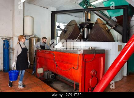 Fokussierte Frau und junger Mann, der Prozess des Mahlens von Oliven in der Brechmaschine in der handwerklichen Fabrik des Olivenöls überwacht. Familienproduktionskonzept Stockfoto