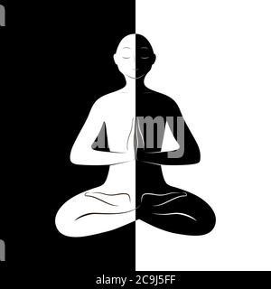 yin-Yang . Meditation in der Lotusposition . Schwarz und Weiß. Stock Vektor