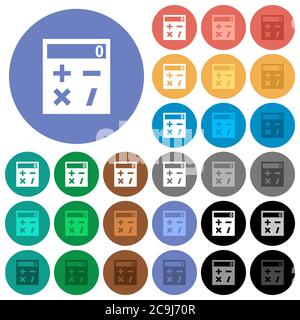 Taschenrechner mehrfarbige flache Symbole auf runden Hintergründen. Im Lieferumfang enthalten sind weiße, helle und dunkle Symbolvarianten für Schwebeeffekt und aktive Statuseffekte, ein Stock Vektor