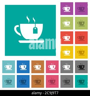 Tasse Tee mit Teebeutel mehrfarbige flache Symbole auf einfachen quadratischen Hintergründe. Weiße und dunklere Symbolvarianten für schwebe- oder aktive Effekte. Stock Vektor