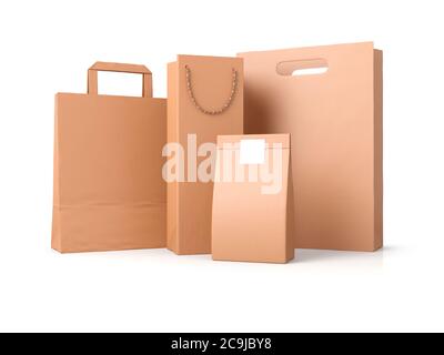 Leere Einkaufstaschen, braune Papierverpackungen, Identity Branding Mock-up Set. 3D-Illustration isoliert auf weißem Hintergrund. Stockfoto