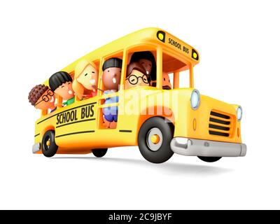 Glückliche Grundschüler auf einem Cartoon gelben Bus. 3D-Darstellung auf weißem Hintergrund. Stockfoto