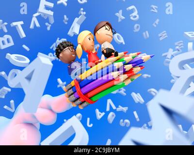 Lustige Schüler auf einer Rakete aus Bleistiften fliegen durch die Buchstaben. Bildungskonzept. 3D-Illustration. Stockfoto