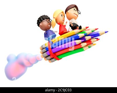 Lustige Schulkinder fahren auf einer Rakete. Isoliert auf Weiß. 3D-Illustration. Stockfoto