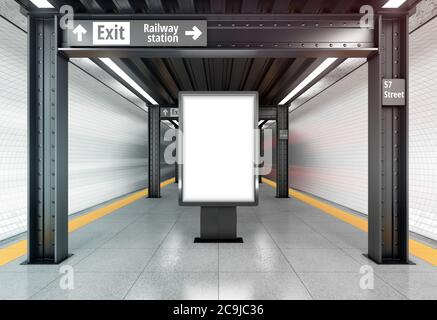 Leere vertikale Plakatwand auf der U-Bahn-Station. 3D-Illustration. Stockfoto
