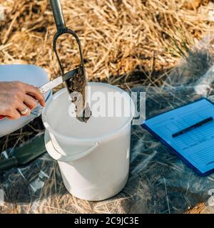 Bodenprobenahme. Weibliche Agronomin nimmt Probe mit Boden-Probe-Probenehmer. Stockfoto