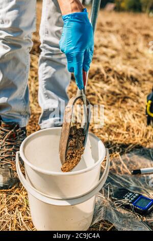 Bodenprobenahme. Weibliche Agronomin nimmt Probe mit Boden-Probe-Probenehmer. Stockfoto
