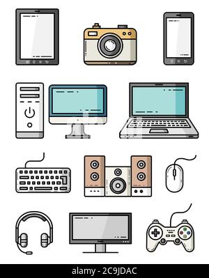 Geräte und Gadgets Bunte flache Stil Vektor-Symbole Stock Vektor