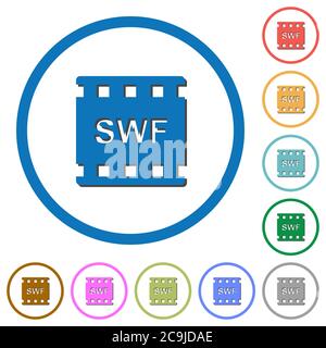 SWF-Film-Format flache Farbe Vektor-Symbole mit Schatten in runden Konturen auf weißem Hintergrund Stock Vektor