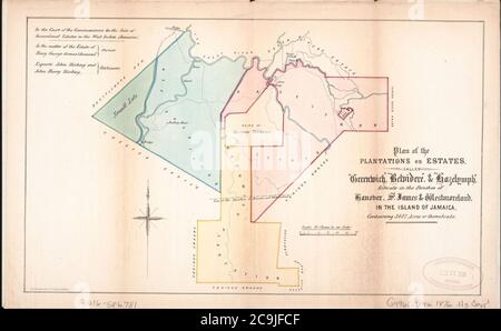 Jamaika, Angaben über wertvolle Plantagen und Estates - bekannt als Hazelymph Estate, Greenwich Plantation, Belvidere Pen, alle auf der Insel Jamaika, mit zusammen 3,457 Hektar, oder Stockfoto