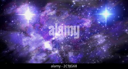 Illustration eines fiktiven Sternfeldes, dunkler Nebel, heller Sonne und Galaxien. Stockfoto