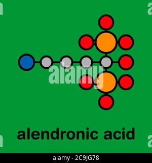 Alendronsäure (Alendronat, Bisphosphonat-Klasse) Osteoporose-Wirkstoffmolekül. Stilisierte Skelettformel (chemische Struktur). Atome werden als Spalte dargestellt Stockfoto