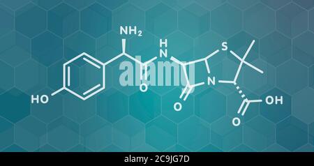 Amoxicillin beta-lactam Antibiotikum-Molekül. Weiße Skelettformel auf dunklem blauem Gradienten-Hintergrund mit sechseckigem Muster. Stockfoto