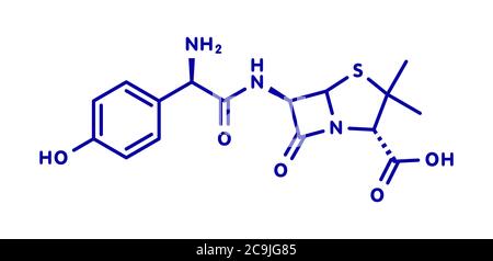 Amoxicillin beta-lactam Antibiotikum-Molekül. Blaue Skelettformel auf weißem Hintergrund. Stockfoto