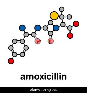 Amoxicillin beta-lactam Antibiotikum-Molekül. Stilisierte Skelettformel (chemische Struktur). Atome werden als farbcodierte Kreise mit dickem BL dargestellt Stockfoto