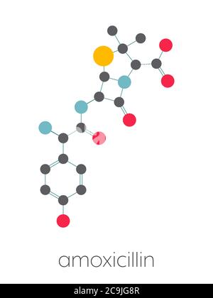 Amoxicillin beta-lactam Antibiotikum-Molekül. Stilisierte Skelettformel (chemische Struktur). Atome werden als farbcodierte Kreise dargestellt, die durch verbunden sind Stockfoto