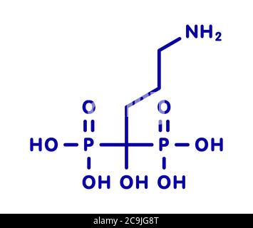 Alendronsäure (Alendronat, Bisphosphonat-Klasse) Osteoporose-Wirkstoffmolekül. Blaue Skelettformel auf weißem Hintergrund. Stockfoto