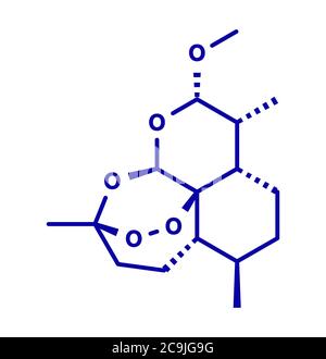 Artemether-Malaria-Wirkstoffmolekül. Aktiv gegen Schizonten von Plasmodium falciparum und vivax. Methylether-Derivat von Artemisinin. Blau Skelett f Stockfoto