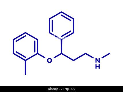 Atomoxetin Aufmerksamkeits-Defizit-Hyperaktivitätsstörung (ADHD) Drogenmolekül. Blaue Skelettformel auf weißem Hintergrund. Stockfoto