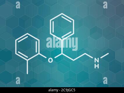 Atomoxetin Aufmerksamkeits-Defizit-Hyperaktivitätsstörung (ADHD) Drogenmolekül. Weiße Skelettformel auf dunklem blauem Gradienten-Hintergrund mit sechseckigem Patt Stockfoto