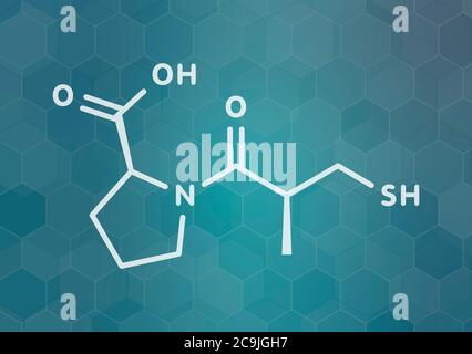 Captopril Bluthochdruck (Hypertonie) Medikament. Ein Angiotensin-konvertierendes Enzymhemmer (ACE-Hemmer) Weiße Skelettformel auf dunklem Teal Grad Stockfoto