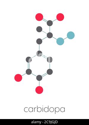 Carbidopa Parkinson-Medikament. Verhindert den peripheren Abbau von Levodopa, so dass mehr L-DOPA, um das Gehirn zu erreichen. Stilisierte Skelettformel (che Stockfoto