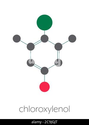 Chloroxylenol antiseptisches Molekül. Desinfektionsmittel gegen Bakterien, Algen, Pilze und Viren. Stilisierte Skelettformel (chemische Struktur). Atome Stockfoto