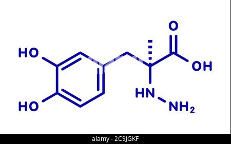 Carbidopa Parkinson-Medikament. Verhindert den peripheren Abbau von Levodopa, so dass mehr L-DOPA, um das Gehirn zu erreichen. Blaue Skelett Formel auf weiß Stockfoto