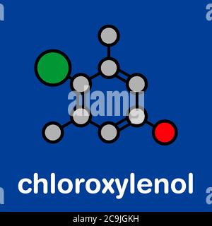 Chloroxylenol antiseptisches Molekül. Desinfektionsmittel gegen Bakterien, Algen, Pilze und Viren. Stilisierte Skelettformel (chemische Struktur). Atome Stockfoto