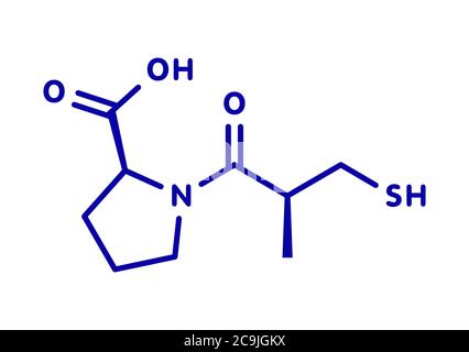 Captopril Bluthochdruck (Hypertonie) Medikament. Ein Angiotensin-konvertierendes Enzymhemmer (ACE-Hemmer) Blaue Skelettformel auf weißem Backgroun Stockfoto