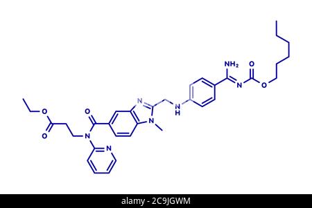 Dabigatran Antikoagulans Medikament (direkter Thrombin-Inhibitor) Molekül. Blaue Skelettformel auf weißem Hintergrund. Stockfoto