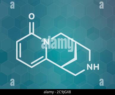Zytisin (Taufgift, Sophorin) Raucherentwöhnungsdrogenmolekül. Weiße Skelettformel auf dunklem blauem Gradienten-Hintergrund mit sechseckigem Muster. Stockfoto