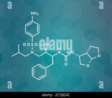 Darunavir HIV-Medikament (Protease-Inhibitor-Klasse) Molekül. Weiße Skelettformel auf dunklem blauem Gradienten-Hintergrund mit sechseckigem Muster. Stockfoto