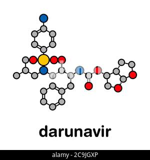 Darunavir HIV-Medikament (Protease-Inhibitor-Klasse) Molekül. Stilisierte Skelettformel (chemische Struktur). Atome werden als farbcodierte Kreise mit Th dargestellt Stockfoto