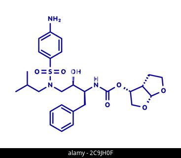 Darunavir HIV-Medikament (Protease-Inhibitor-Klasse) Molekül. Blaue Skelettformel auf weißem Hintergrund. Stockfoto