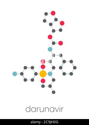 Darunavir HIV-Medikament (Protease-Inhibitor-Klasse) Molekül. Stilisierte Skelettformel (chemische Struktur). Atome werden als farbcodierte Kreise angezeigt Stockfoto