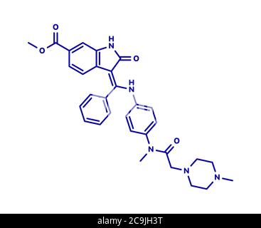 Neuntedanib Krebsmedikamentöse Molekül. Angiogenese-Inhibitor. Blaue Skelettformel auf weißem Hintergrund. Stockfoto