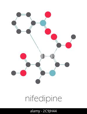 Nifedipin Calcium Kanal Blocker Droge. Wird bei der Behandlung von Angina pectoris und Bluthochdruck (Bluthochdruck) verwendet. Stilisierte Skelettformel (chemische Struktur Stockfoto