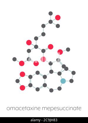 Omacetaxin-Mepesuccinat-Krebsmolekül. Wird zur Behandlung von chronischer myeloischer Leukämie (CML) verwendet. Stilisierte Skelettformel (chemische Struktur Stockfoto