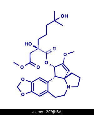Omacetaxin-Mepesuccinat-Krebsmolekül. Wird zur Behandlung von chronischer myeloischer Leukämie (CML) verwendet. Blaue Skelettformel auf weißem Hintergrund. Stockfoto