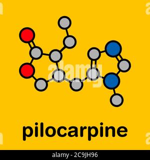 Pilocarpin Alkaloid Drug Molecule. Wird bei der Behandlung von Glaukom und Mundtrockenheit (Xerostomie) verwendet. Stilisierte Skelettformel (chemische Struktur). Atome ar Stockfoto