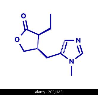 Pilocarpin Alkaloid Drug Molecule. Wird bei der Behandlung von Glaukom und Mundtrockenheit (Xerostomie) verwendet. Blaue Skelettformel auf weißem Hintergrund. Stockfoto