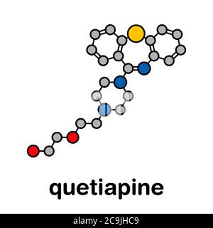 Quetiapin antipsychotisches Drogenmolekül. Stilisierte Skelettformel (chemische Struktur). Atome werden als farbcodierte Kreise mit dickem schwarzen Outlin dargestellt Stockfoto