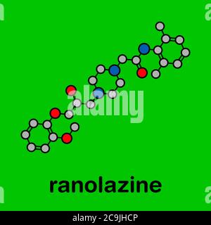 Ranolazin antianginales Drogenmolekül. Wird bei der Behandlung der chronischen Angina pectoris verwendet. Stilisierte Skelettformel (chemische Struktur). Atome werden als dargestellt Stockfoto