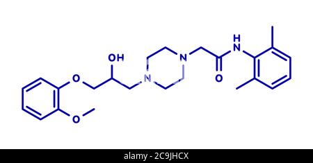 Ranolazin antianginales Drogenmolekül. Wird bei der Behandlung der chronischen Angina pectoris verwendet. Blaue Skelettformel auf weißem Hintergrund. Stockfoto