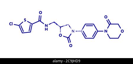 Rivaroxaban Antikoagulans (Direct Factor Xa Inhibitor) Molekül. Blaue Skelettformel auf weißem Hintergrund. Stockfoto