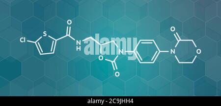 Rivaroxaban Antikoagulans (Direct Factor Xa Inhibitor) Molekül. Weiße Skelettformel auf dunklem blauem Gradienten-Hintergrund mit sechseckigem Muster. Stockfoto